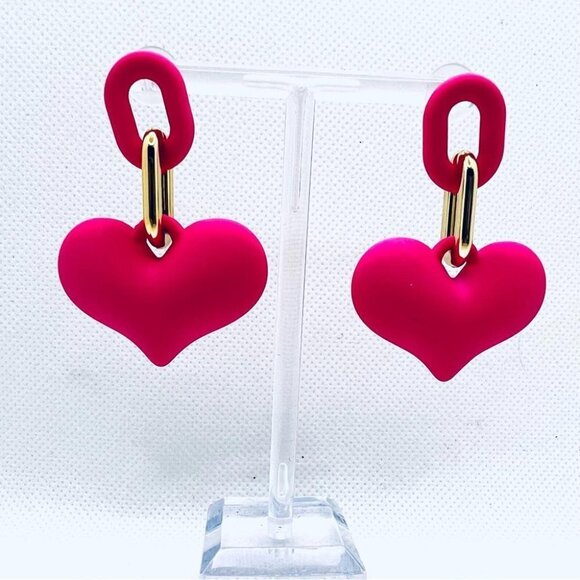 Hot Pink Heart and Chain Detail Drop Statement Earrings Feminine Chunky Barbie - Picture 4 of 11